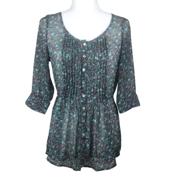 Sound & Matter Women’s Cottagecore Floral Button Down Sheer 3/4 Sleeve Blouse - Picture 13 of 16